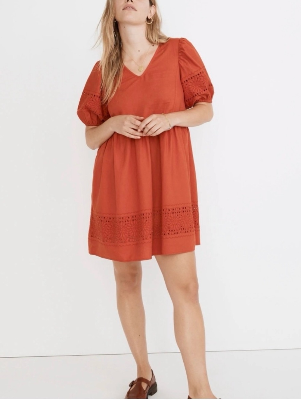 Madewell - NWOT. Linen Cotton Blend Embroidered Eyelet Puff-Sleeve Mini Dress.